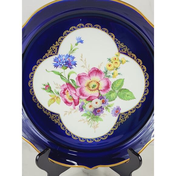Lindner Echt Cobalt Floral Server Platter Moosrose Bavaria 12" Gold Trim 80s Vtg - Picture 2 of 16